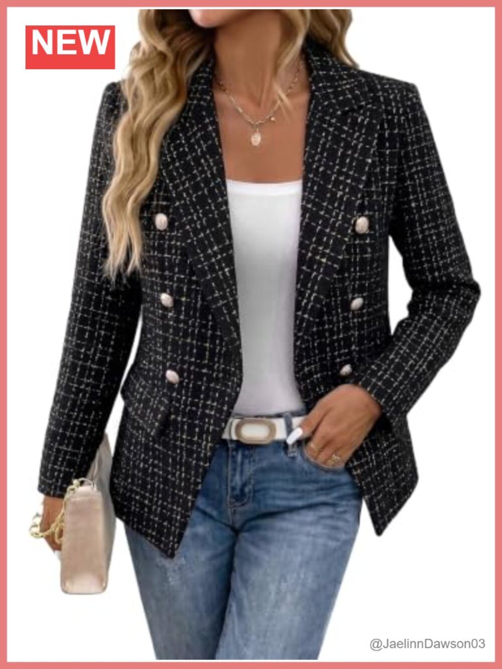Tweed Plaid Blazer Jacket Slim Fit Notch Collar Double Breasted Work Business